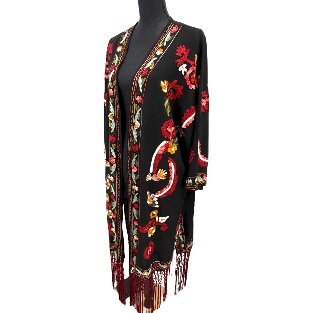 Zara Womens Black Embroidered Kimono Duster Cardigan Fringe Boho Festival M L - Picture 4 of 9